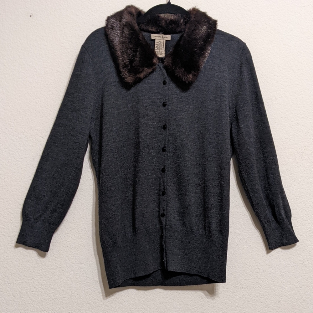 Vertical Design Gray Wool Cardigan With Removable Faux Fur Collar Size Large NWT